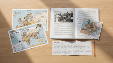 Open book, pencil and map on a wooden table, top view
