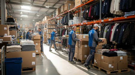 Warehouse workers unloading boxes in a large warehouse - Shallow depth of field