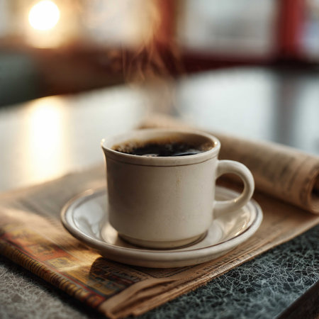 Cup of coffee on old book in coffee shop, stock photo