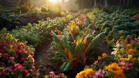 Organic garden with blooming chard plants in the morning.
