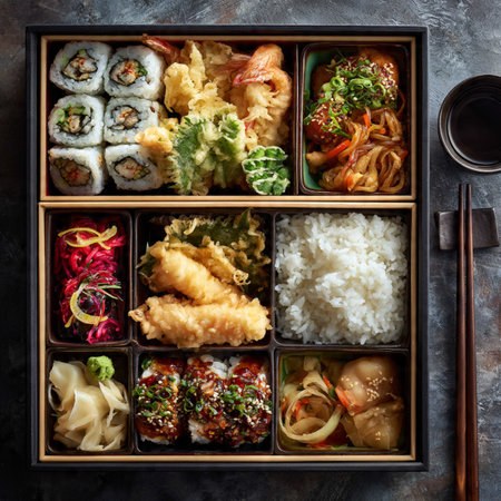 Japanese bento box with sushi, rolls and vegetables. Top view