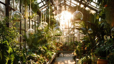 Beautiful interior of a greenhouse with hanging glass balls in the sunlight