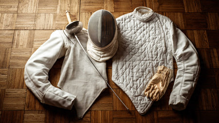Fencing equipment on a wooden background. Fencing mask and gloves.
