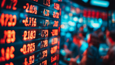 Stock market background. Stock market or forex trading graph on LED screen. Stock market or forex trading graph on LED screen. Business and finance concept. Selective focus
