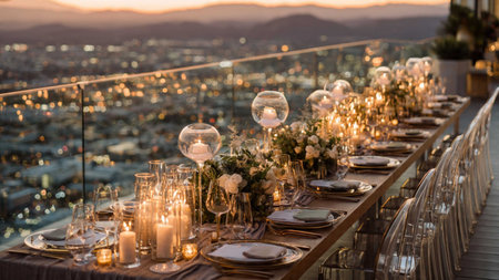 Wedding table setting on a terrace overlooking the city.