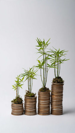 cannabis plant growing on a pile of coins with white background
