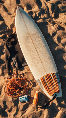 top view of surfboard with rope and swimsuit on sandy beach