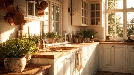 Interior of a rustic kitchen with lots of plants in pots