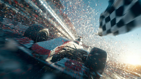 Race car with driver and checkered flag. 3D rendering