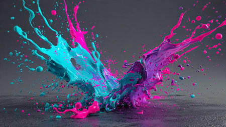 Colored paint splashes isolated on grey background. 3d rendering