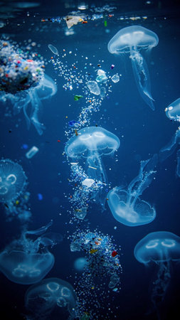 Group of jellyfish floating in the deep blue sea. Underwater shot.