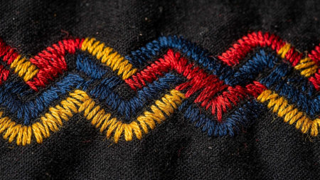 Colorful embroidery on black fabric as a background. Macro