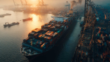 Aerial view of container ship and cargo port at sunset time.