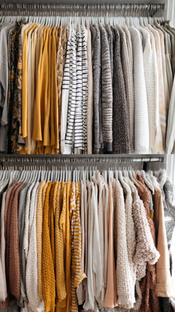 Rack with different clothes in modern dressing room, closeup view