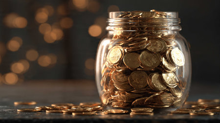 Coins in glass jar on table against blurred lights, closeup