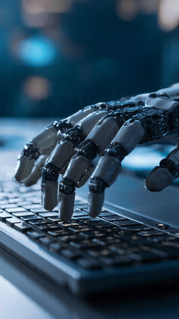 Robot hand on laptop keyboard, artificial intelligence and machine learning concept