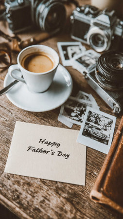 Vintage camera and coffee cup on wooden table,selective focus