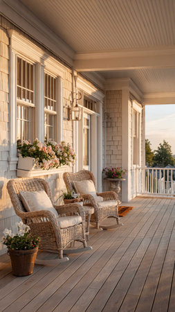 Outdoor patio with wicker chairs and flowers on a terrace