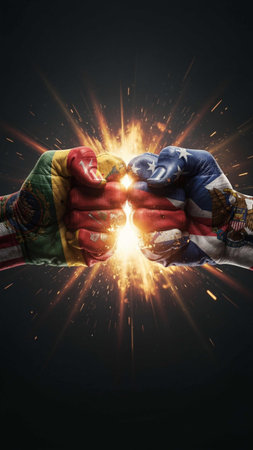Two fists with flags of USA and Mexico punching each other with bright flash