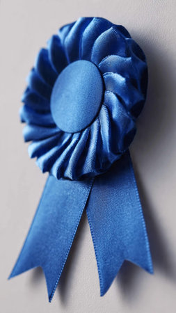 Blue ribbon with bow on grey wall background, close-up.