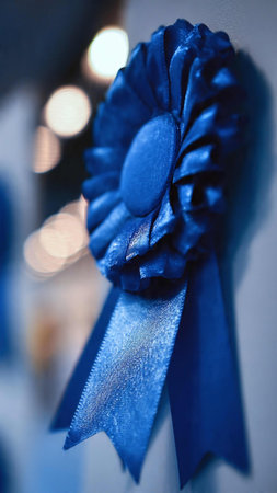 Blue ribbon on a white background with bokeh, close up