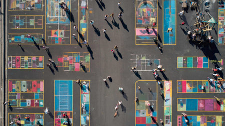 Aerial view of people walking on the street in Hong Kong.