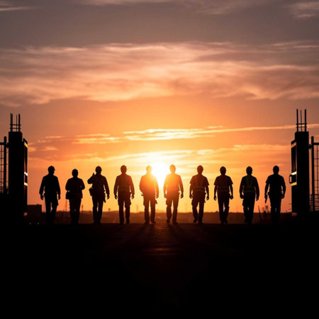 Silhouette of a group of people walking on the road at sunset