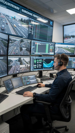 Security guard monitoring modern CCTV cameras in surveillance room. Security guard in surveillance room.