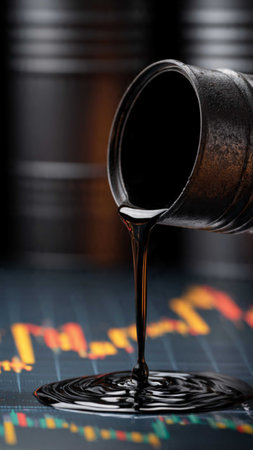 Pouring oil into a barrel on the background of the stock exchange