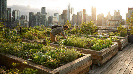 Woman working in a vegetable garden on a rooftop with a view of the city