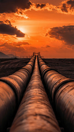 Oil pipeline at sunset, close-up. Oil industry background.
