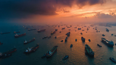 Aerial view of cargo ships in the sea at sunset time.
