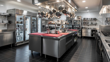 3d rendering of a modern kitchen interior design with stainless steel appliances