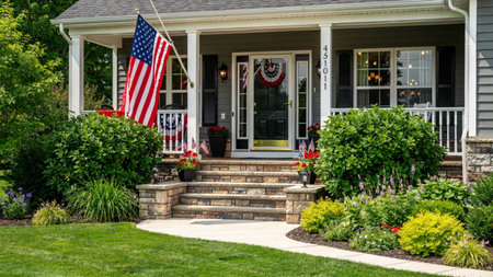 American flag in front of the entrance to a home with garden.