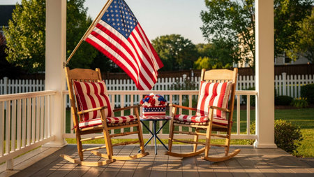 Patriotic rocking chairs with American flag on the porch of a private house