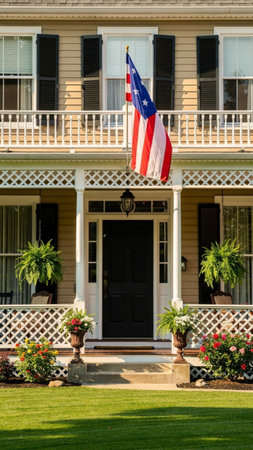 Historic home with American flag in Key West, Florida, USA.