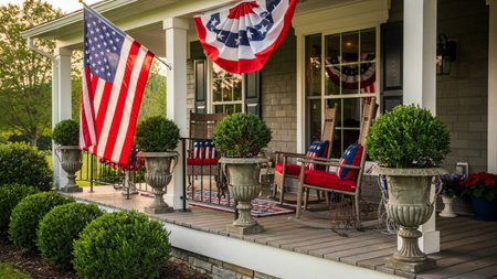 Patriotic American Flag Decorated On Front Porch Of House