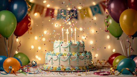 Birthday cake with candles and confetti on bokeh background