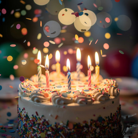 Birthday cake with burning candles and confetti on bokeh background