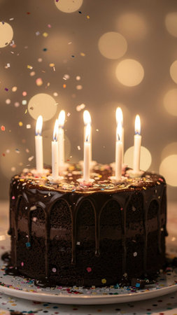 Birthday cake with burning candles and confetti on bokeh background