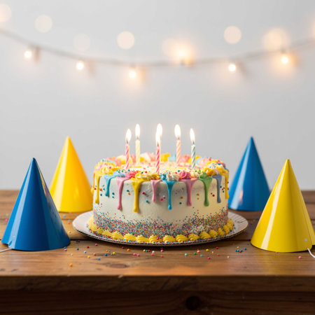 Birthday cake with candles and party hats on wooden table over blurred lights background