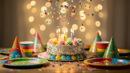 Birthday cake with candles and confetti on table against bokeh background
