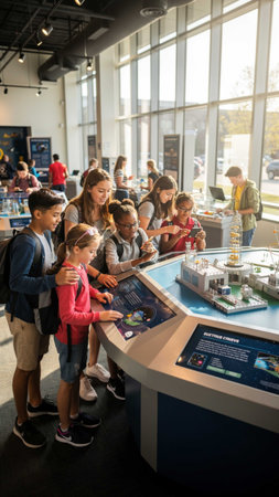 A group of children and adults are exploring interactive exhibits at a museum.