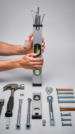 cropped view of woman holding spirit level near construction tools on grey background