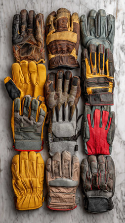 Different types of work gloves on a marble background. Top view.
