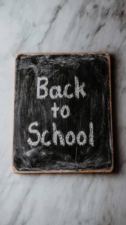Back to school written in chalk on a blackboard with white marble background