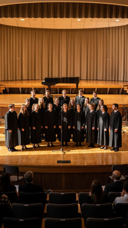 A group of people are on stage, likely performing or presenting.