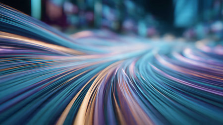 Abstract image featuring colorful light trails flowing smoothly through a dark background, evoking motion, energy, and futuristic ambiance