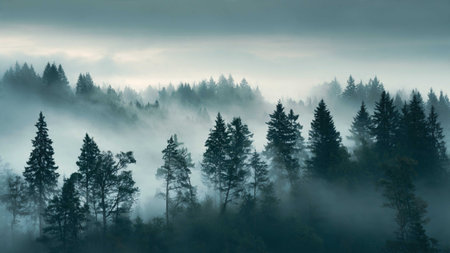 Serene scene of tall pine trees shrouded in fog, with layered mist and diffuse natural light enhancing the tranquil woodland setting