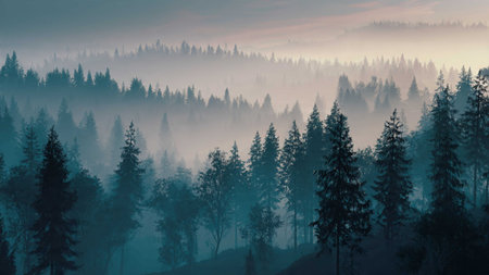 Tall pine trees and dense forest layers fade into misty distance under a soft, muted sky in a tranquil natural scene.